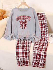 SHEIN 2 件套少女睡衣套装 - 红色格子蝴蝶结印花牛奶丝长袖上衣和全身格子宽松舒适裤，圣诞红色格子服装 1 套 - 灰色 - 查看 3