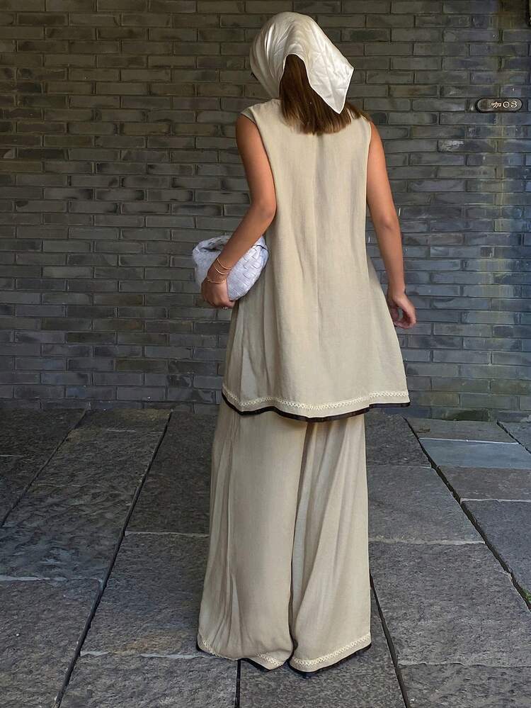 2pcs/Set Women Striped Ruffle Trim Loose Crew Neck Sleeveless Long Tank Top And Elastic Waist Wide Leg Pants Elegant Vacation Outfit, Spring/Autumn