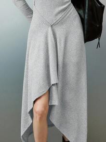 Airlisse Đầm dài tay thời trang cổ tròn ôm sát viền bất đối xứng màu trơn - Màu Xám nhạt - Xem 6