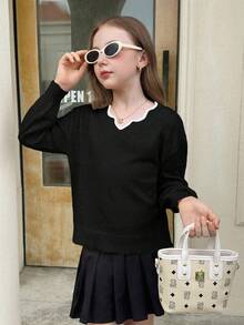 SHEIN Tween Girl Black And White Elegant Knit Wavy Hem V-Neck Bowknot Back Lantern Sleeve Pullover Sweater,Back-To-School Autumn Holiday Casual Fashion - Black - View 5
