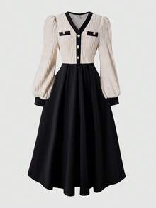 SHEIN 少女优雅提花V领金属纽扣装饰长袖修身针织连衣裙，休闲户外派对连衣裙，春秋季 - 杏色 - 查看 4