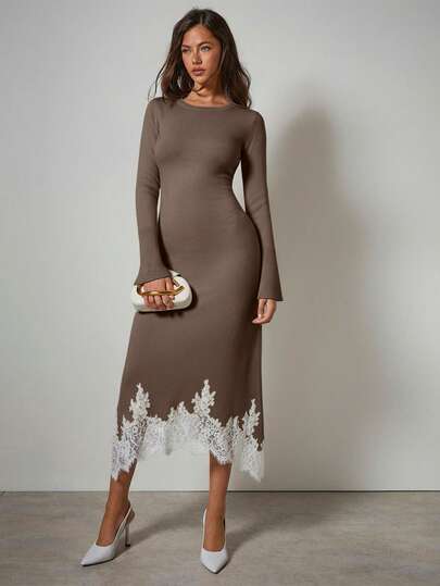 COSMINA Women's Elegant Flare Sleeve Asymmetrical Hem Lace Patchwork Sweater Dress, Autumn/Winter, Long Sleeve Elegant Dress, Elegant Midi Dress, Ankle Length Dress , Lace Trim Dress,Fall,Fall Clothes For Women,Winter Clothes For Women