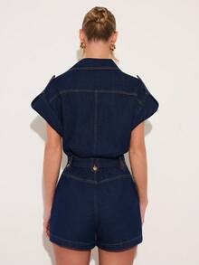 COSMINA Women's Elegant Deep V-Neck Cinched Waist Denim Jumpsuit And Romper, Versatile For Commuting, Office, All Seasons - Dark Wash - View 2