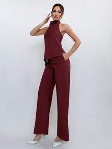 Aloruh Women's Minimalist Backless Halter Top And Long Pants Set, Suitable For Commuting, Summer - Burgundy - View 6