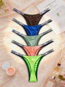Eraneu 5 PCS Women's Casual Sporty Thong Underwear Tie Dye Fabric With Sweet Tape Detail Colorful Panties Pack - Colorful - View 3