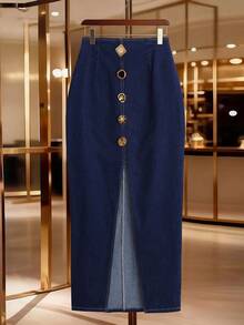 GlowEve 女士金属装饰开衩下摆优雅牛仔裙 - 藍色 - 查看 8