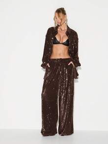KIZN 亮片阔腿裤，适合晚宴、正式场合，高腰飘逸长裤，节日庆典闪亮下装 - 巧克力棕 - 查看 3