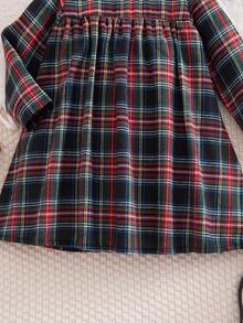 SHEIN Young Girls' French Elegant Plaid Patchwork Woven Fitted Long Sleeve Dress, Autumn/Winter,Christmas - Black - View 7