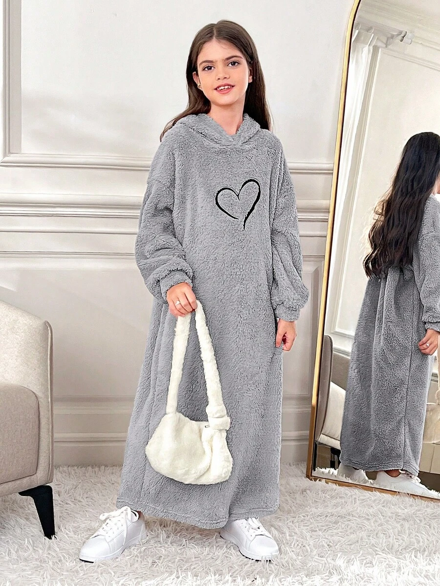 SHEIN 少女宽松休闲针织双面抓绒爱心刺绣连帽连衣裙 - 淺灰色 - 查看 1