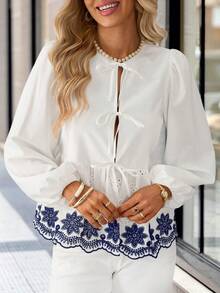 Solivie 女士刺绣系带灯笼袖时尚衬衫 - 白色 - 查看 5