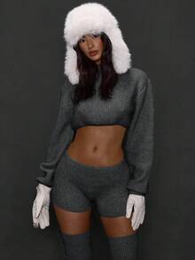 MUSERA Pull-over femme à col montant, couleur unie, manches longues, style décontracté. Coupe courte, chic, mignon, élégant pour l'hiver et la Saint-Valentin. Style Y2K - Gris foncé - Voir 1