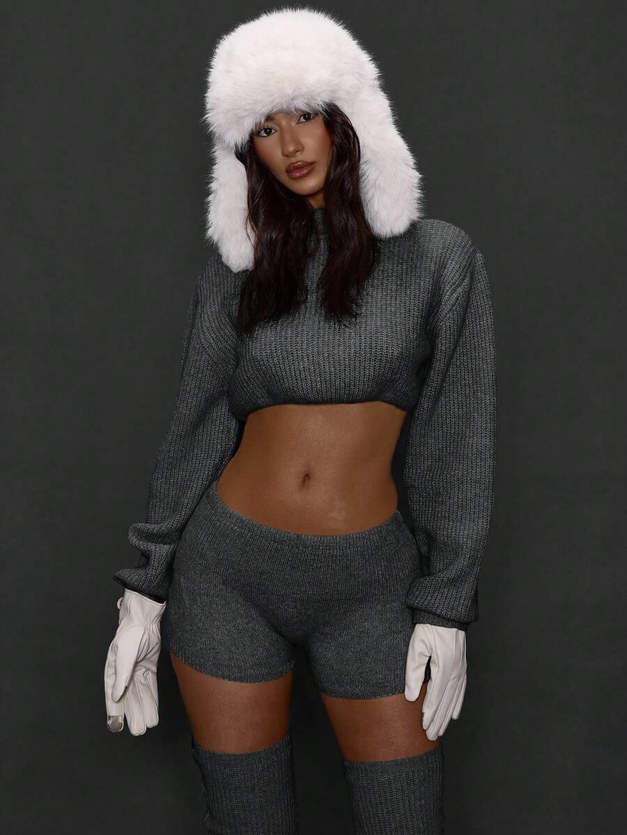 MUSERA Pull-over femme à col montant, couleur unie, manches longues, style décontracté. Coupe courte, chic, mignon, élégant pour l'hiver et la Saint-Valentin. Style Y2K - Gris foncé - Voir 1