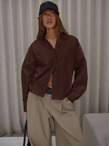MUSERA Oversized Cotton Poplin Cinched Hem Balloon Sleeve Shirt Classy Cute Sexy Streetwear Fall Autumn Night Out Winter  Party ,Elegant - Brown - View 1