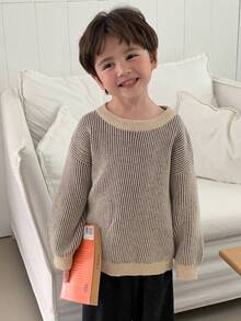 DAZY 幼儿男童宽松休闲条纹针织毛衣，基本款圆领长袖，秋季款 - 灰色 - 查看 6