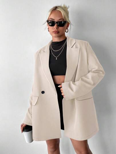 Ritzy Row Women's Casual Oversized Padded Shoulder Mid-Length Double-Breasted Blazer  Women Blazers Women Blazer Jacket