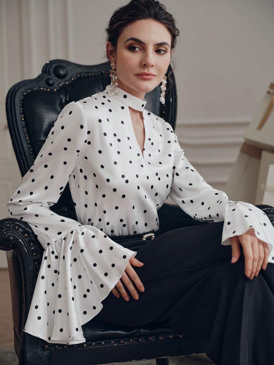 Anewsta Women's Elegant Polka Dot V-Neck Loose Ruffle Trim Long Sleeve Blouse, Fashion Spring/Autumn - Black and White - View 1