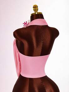 Amplova Áo nữ cổ tròn voan lưới mỏng họa tiết hoa giả bất đối xứng - Bụi hồng - Xem 7