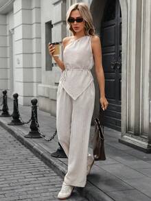 SHEIN LUNE 女士休闲条纹斜肩上衣和裤子两件套，日常穿着基础款，春夏款 - 彩色 - 查看 3