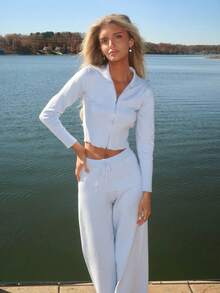 Sydney Algeri Set casual de 2 piezas para mujer, compuesto por un cárdigan con cremallera de unicolor y pantalones de punto, para otoño-invierno - Azul - Ver 1