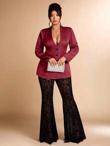 Cravure 大码女式植绒网眼拼接V领西装外套及喇叭裤套装，适合办公室穿着 - 酒紅色 - 查看 3