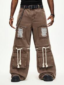 ROMWE MEN Street Life Men's Brown Distressed Lace-Up Straight Leg Jeans - Brown - View 6