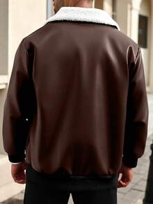 Manfinity Homme 加大码男士纯色长袖PU皮革内衬夹克 - 咖啡棕 - 查看 2