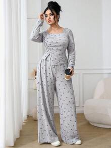 Feyla Conjunto de 2 piezas con top de talla grande con lazo, estampado integral, fruncido y bajo asimétrico, y pantalones holgados - Morado - Ver 5