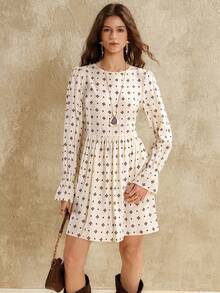 Florisole Vestido mini de manga larga con cuello redondo y estilo de muñeca para mujer