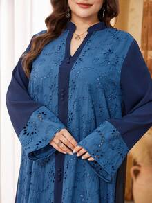Al Najma Plus Size Women Long Sleeve Solid Embroidered Long Casual Elegant Arabic Maxi Dress - Navy Blue - View 5