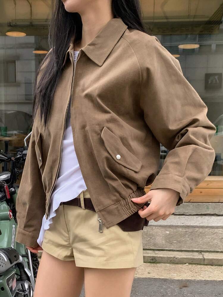 Vintage American Style Rivet Collar Zipper Jacket, Women Regular Jacket Women Coats