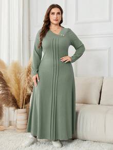 Lacomfia Plus Size Long Sleeve Solid Color Jacquard Knit Maxi Casual Dress - Green - View 6