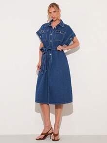 COSMINA Denim Vestido vaquero de manga corta con botones frontales, bolsillos y cintura con lazo, vestido vaquero elegante para ir al trabajo, vestido vaquero azul de manga corta, vestido vaquero casual para salidas y compras, vestido vaquero holgado, ajuste favorecedor, vestido vaquero para primavera/verano - Azul - Ver 6