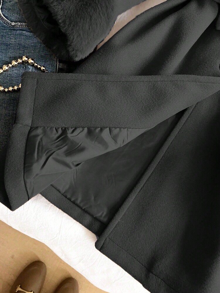 Elegant Sophisticated Long Cinched Waist Wool Blend Coat With Fur Collar For Tween GirlsKhaki, Slim Fit, Fashionable - Black - View 3