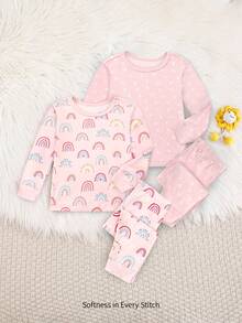 Cozy Pixies Baby Girl 4-Piece Snug Fit Pajama Set - Polka Dot, Rainbow, Heart Print Long Sleeve Top And Elastic Waist Pants - Multicolor - View 4