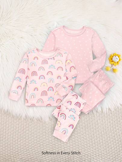 Cozy Pixies Baby Girl 4-Piece Snug Fit Pajama Set - Polka Dot, Rainbow, Heart Print Long Sleeve Top And Elastic Waist Pants