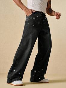 ROMWE MEN Street Life 宽松直筒舒适水钻装饰休闲男士牛仔裤 - 黑色 - 查看 4