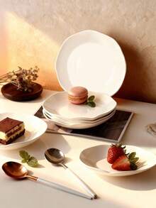 4pcs 8-Inch Wavy Rim Ceramic Salad Plates, Solid White Minimalist Style, Suitable For Home Dining, Easy To Clean And Stack - White - View 2