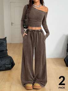 Coolane Women's Daily Wear Essentials Knit Stretchy Comfy Asymmetrical Neck Long Sleeve Tops And Wide Leg Sweatpants Tracksuit Two Pieces Outfits - Brown - View 5