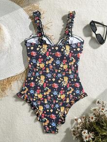Swim Mod 春假随机印花粗肩带无钢圈女士可爱夏季沙滩连体泳衣，节日波西米亚风 - 彩色 - 查看 2