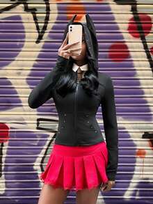 Modviera 女士铆钉杜宾犬领拉链修身T恤 - 黑色 - 查看 6