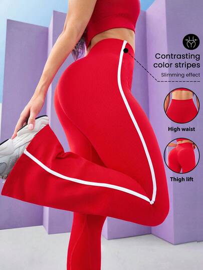 Core Rhythm Women's High Waist Contrast Piping Seamless Flare Pants Flared Leggings Set Red Athletic Leggings Compression Workout Tights High Waist Workout Tights