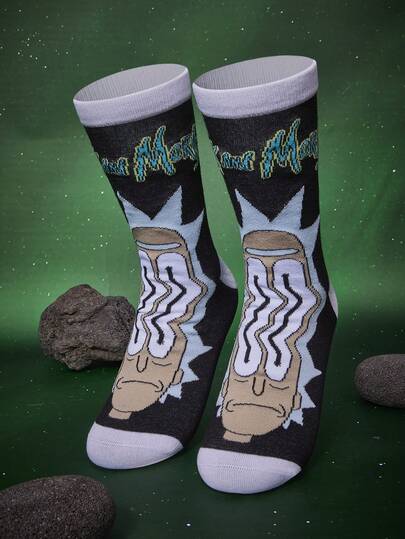 Rick and Morty X SHEIN 1 par de calcetines cómodos de media pantorrilla con contraste de color, letras y figuras de dibujos animados para mujeres