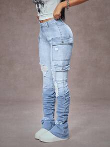 SHEIN Tall 高个子弹力做旧工装口袋水洗牛仔裤 - 淺色水洗藍 - 查看 4