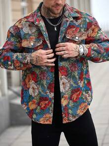 Manfinity LEGND Men's Blue Woven Fabric Wrist-Length Sleeve Regular Fit Colorful Floral Print Jacket Men Colorful Outfit Men Flower Jacket Colorful Print Mens Men Floral Jacket Floral Print Mens - Blue - View 3