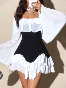 Elenzga Robe mini à manches longues évasées pour femmes grandes tailles, élégante, romantique et sexy, en patchwork noir et blanc, en mousseline de soie fluide avec épaules dénudées, volants à l'ourlet, stretch, pour le printemps et l'automne