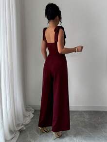 GlowEve 无袖蝴蝶结腰带连体裤，简约优雅设计，女士款 - 酒紅色 - 查看 2