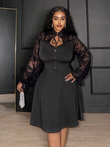 Slaydiva Autumn Plus Size Women's Elegant Black Lace Long Sleeve A-Line Dress,Formal Evening Dinner Party Outfit,Vintage Bodycon Solid Color Cocktail Gown - Black - View 3