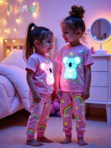 2件套 女童可爱彩虹熊印花长袖上衣和紧身裤睡衣套装 - 粉色 - 查看 1