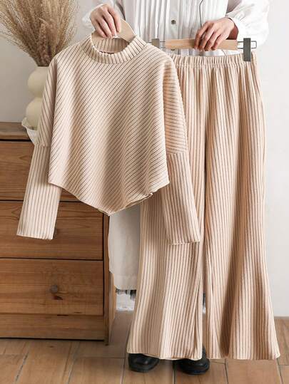 SHEIN 2pcs/Set Tween GirlsFashionable Casual Fuzzy Ribbed Asymmetric Ribbed Pullover Sweater And Flared Leg Pants Set, Comfortable And Stylish, Suitable For Autumn/Winter, Outdoor, Commuting, Daily Casual Wear