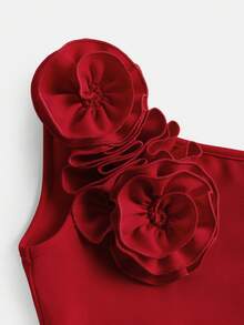 Firerie Kids Firerie Kids 少女休闲优雅红色不对称肩部修身简约3D立体花卉装饰连体裤，适合派对、聚会、婚礼、春夏穿着、假日穿着 - 紅色 - 查看 3